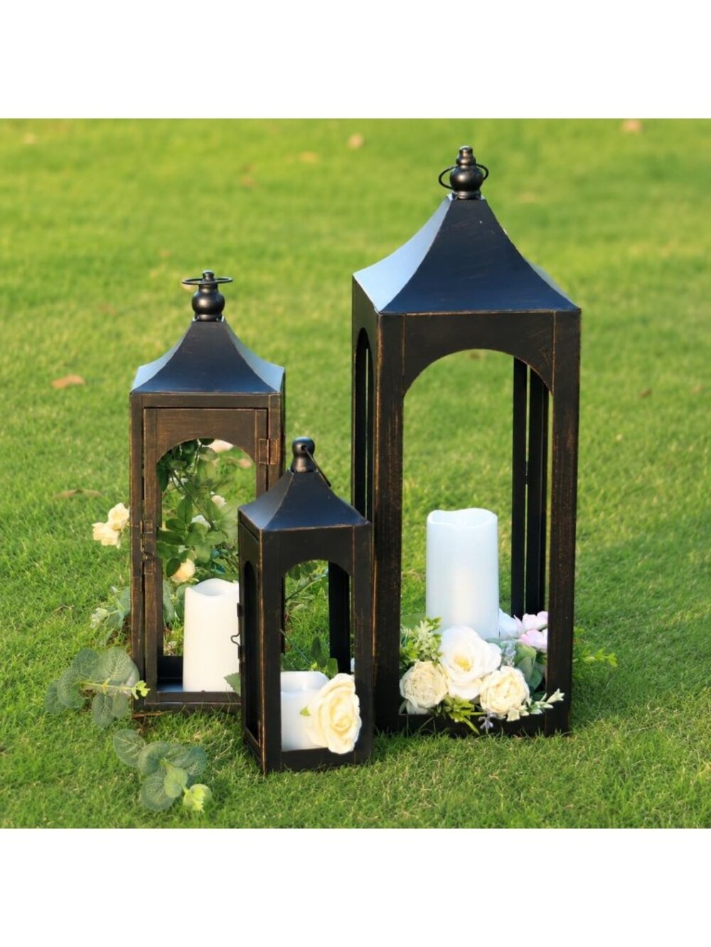 Decorative Lantern Set of 3 for Indoor & Outdoor Use, 26" Metal Candle Holders